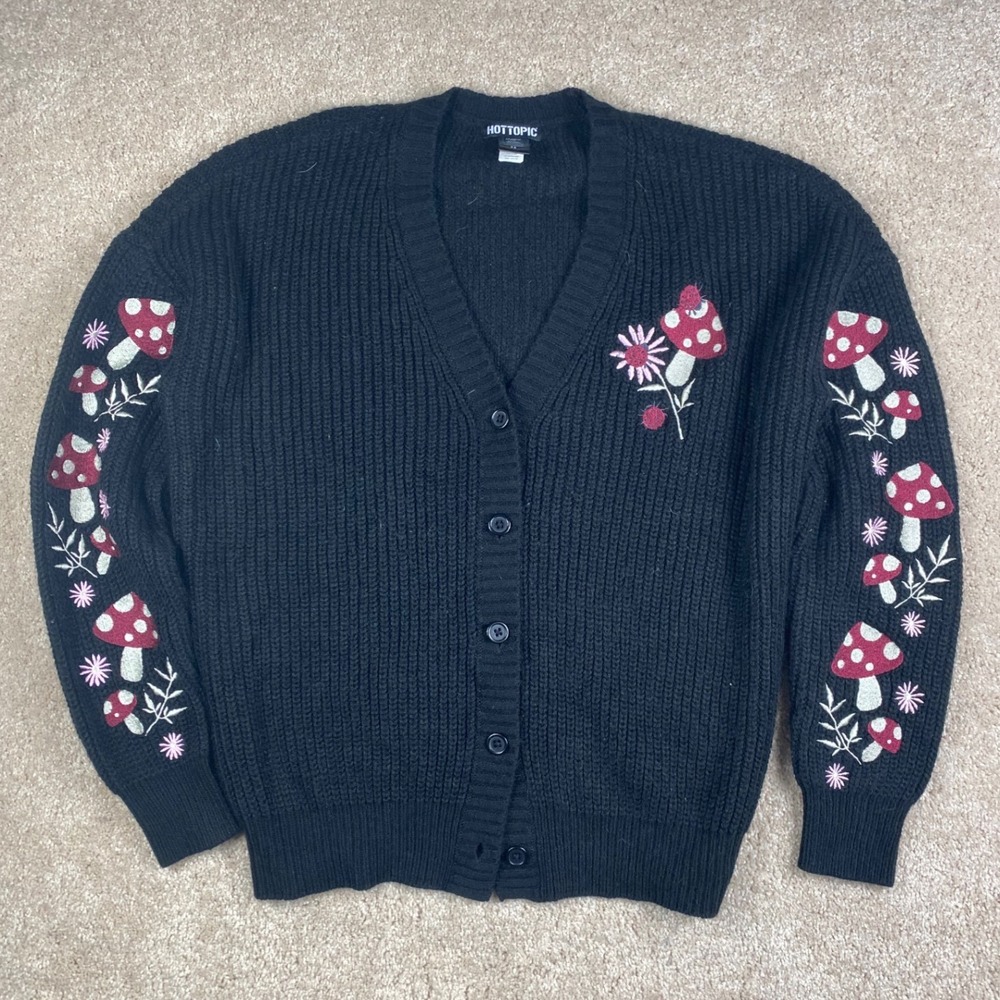 Hot Topic Black Mushroom Embroidered Cardigan Sweater XS 15501349